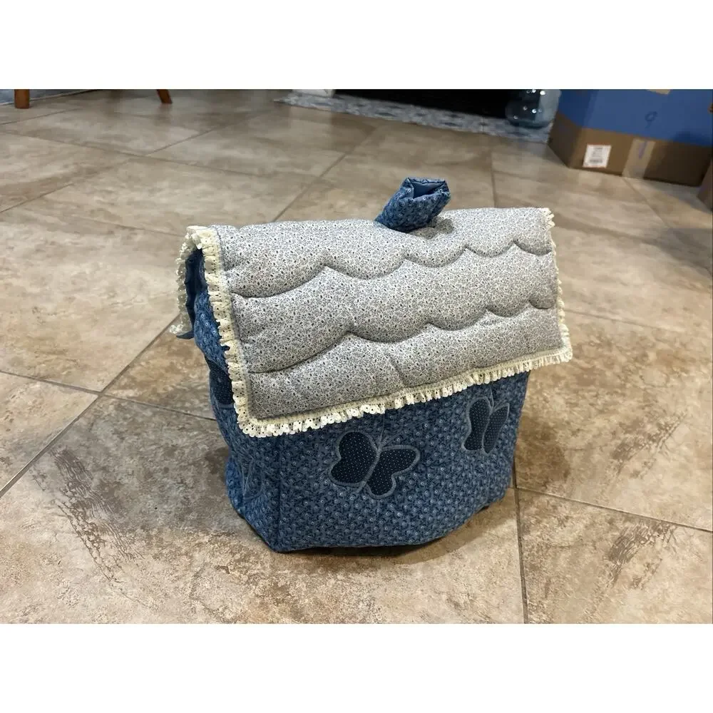Handmade Blue Calico House Tissue Box Cover Quilted Lace Country Cottagecore